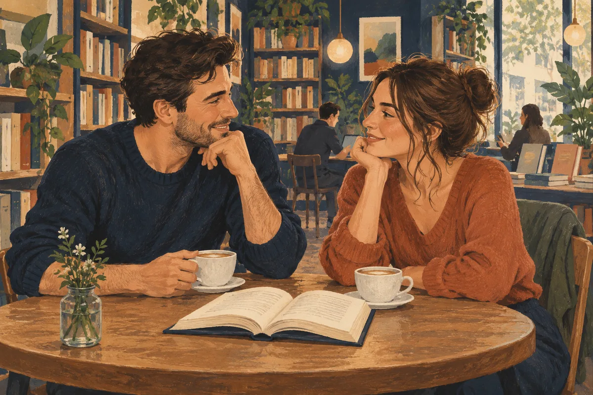 Illustration of a man and woman chatting over coffee and an open book
