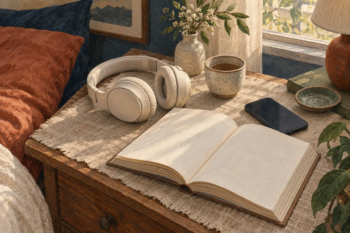 Illustration of headphones, an open book, and a phone on a bedside table